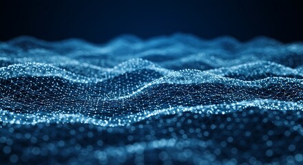 Abstract digital blue wave pattern of glowing particles, representing data flow and technology