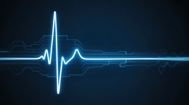 Vibrant blue digital heartbeat waveform pulses across futuristic interface, symbolizing health and technology.