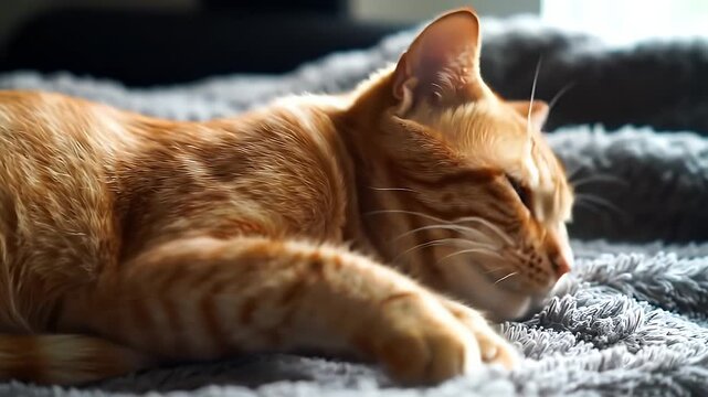 Orange Tabby Cat Resting Peacefully on a Gray Fluffy Blanket in Soft Light Close Up