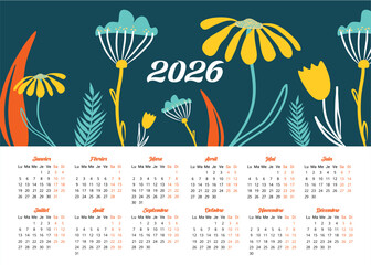 Calendrier 2026 tableau de l'ann&eacute;e avec les mois en fran&ccedil;ais d&eacute;but semaine lundi, motifs fleurs color&eacute;s avec fond sombre