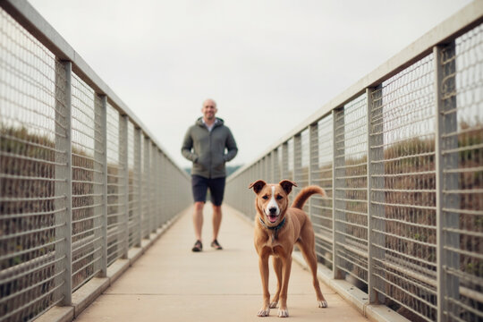 Caucasian middle aged man jogging on outdoor bridge with brown dog standing in foreground looking toward camera, both appearing active and engaged in exercise on pathway