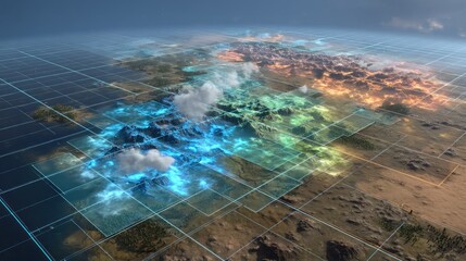 A high-angle, detailed view of a digital terrain map, exhibiting a gridded layout and varied landforms.