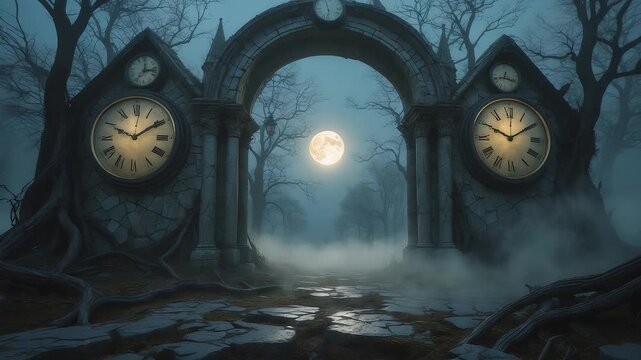 Mysterious stone gate with twin clock towers under full moonlight surrounded by foggy forest and eerie twisted trees in dark night atmosphere