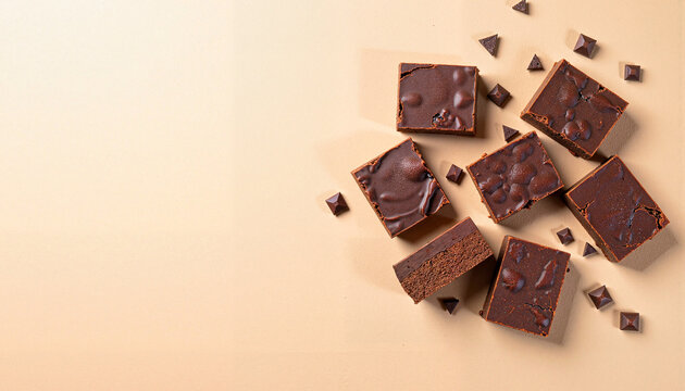 Chocolate fudge squares on light background, World Chocolate Day treat