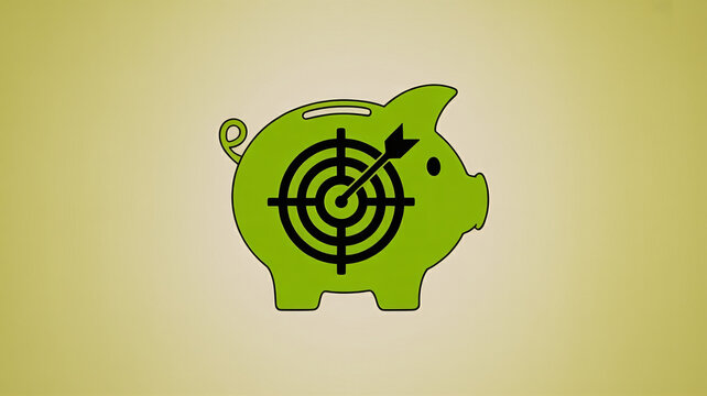 Green piggy bank with target and arrow represents achieving financial goals and saving success