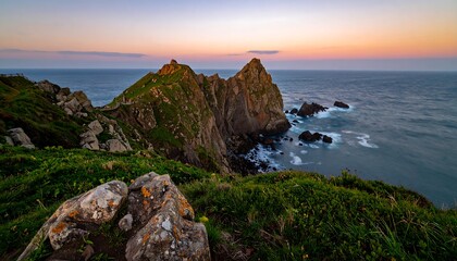 Dramatic coastal landscape at sunset with rugged cliffs.