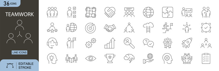 Teamwork icons set. Includes icons for collaboration, group, handshake, meeting, partnership, support, leadership, planning, and cooperation. Editable stroke, line icons. Perfect for infographics.