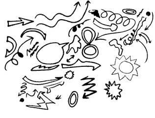 Doodle cute glitter pen line elements. Heart, arrow, star, sparkle decoration symbol set. Simple sketch line style emphasis, attention, effect hand drawn shapes. Vector illustration 