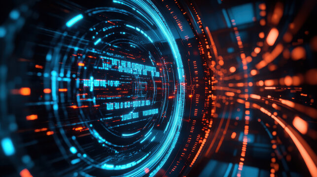 A futuristic abstract background with glowing blue circles and orange light streaks forming a tunnel