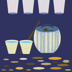 Vector artwork of a white clay water jar with dipper and cups in a traditional setting, symbolizing heritage lifestyle in Thailand.