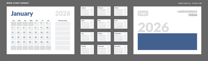 Set of 2026 Calendar Planner Template Pages Monthly, Cover with Place for Photo and Company Logo. Vector layout of a wall or desk organizer grid with week start Sunday ready print. Pages A4-21x29.7cm