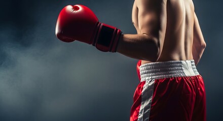 Red boxing glove. Red boxing glove, close-up, arena, lights, fight. Young woman boxer.