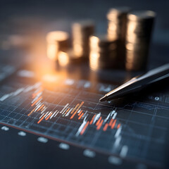 Illuminated Financial Data Analysis with Pen and Ascending Coin Stacks.