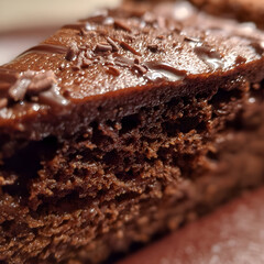 Intimate Macro View of a Moist Chocolate Cake with Glossy Ganache and Sprinkles.