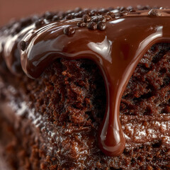 Luscious Chocolate Ganache Drip on a Rich Moist Devils Food Cake.