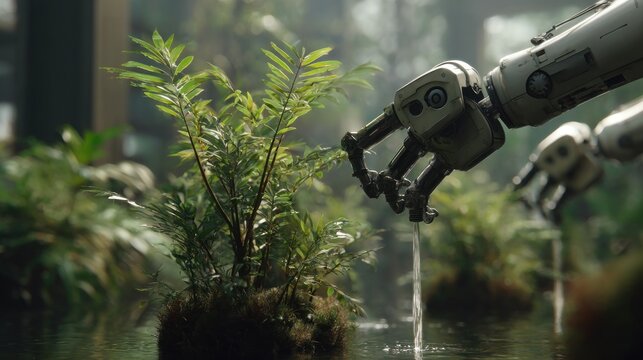 Robotic arm watering plant in nature futuristic technology and environmental concept - Powered by Adobe