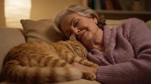 Senior woman which is a lonely elderly person in a rural area, sleeping by hugging her cat.. Cozy lying with her pet cat peaceful moment at home - Powered by Adobe