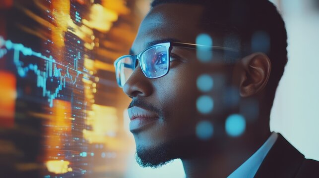Serious african american man analyzing digital data trends reflection