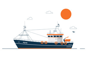 Obraz premium Fishing boat sailing on the ocean with a bright sun and fluffy clouds in the sky offering a tranquil and nautical illustration