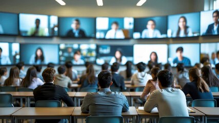 Modern conference hall with audience attending hybrid event and large video call screens showing multiple people - Powered by Adobe