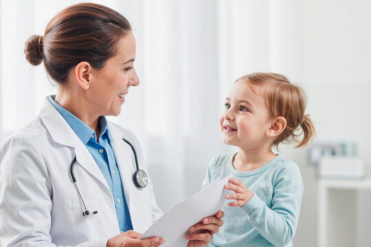 Caucasian female doctor smiling while interacting with Caucasian toddler girl in medical office, doctor holding medical documents, child looking up at doctor with cheerful expression