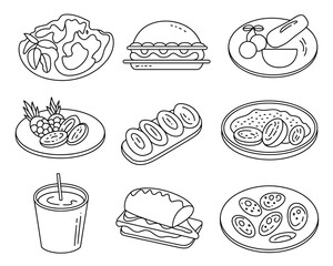 Collection of simple line art food and drink icons