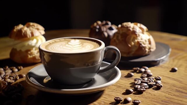 Close Up of Latte Art in Gray Mug with Coffee Beans and Pastries on Wooden Table