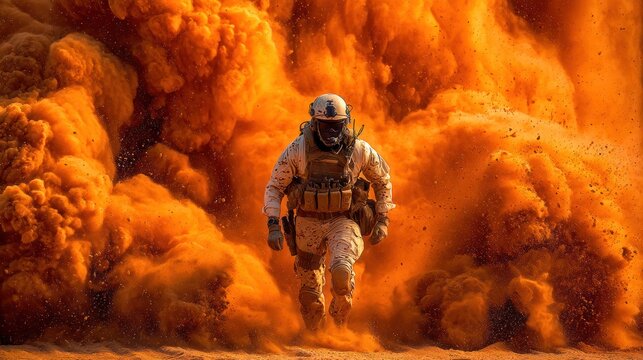 A soldier in combat gear runs through a cloud of intense orange dust and smoke.