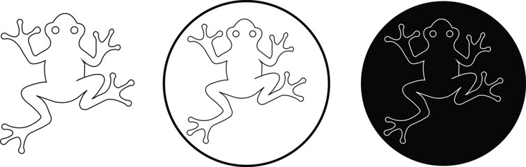 Frog icons set in line styles. Amphibian animal collection and wildlife group. Cute frog silhouette, cartoon frog face, nature symbol, biology, zoology, and green frog vector illustrations.