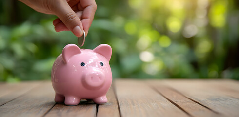 Saving for a Sunny Future: Hand Placing Coin in Piggy Bank on a Wooden Table Outdoors.