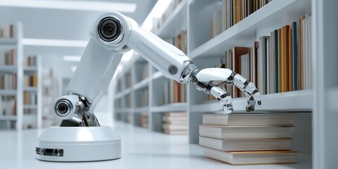 Robot arm organizing books in library shelves automation and future technology