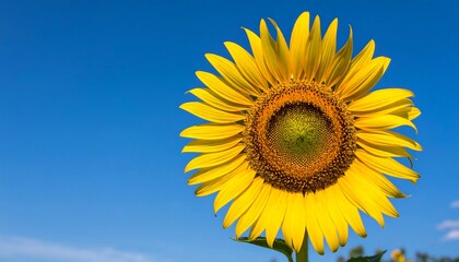 A single, vibrant sunflower against a clear blue sky, providing ample, clean copy space. An energetic and positive image for summer or nature concepts