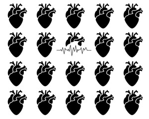 Pattern of anatomical hearts with a central heartbeat line
