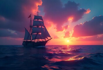 Fototapeta premium Starry night sky frames a black sailboat silhouette drifting across calm ocean waters. Nautical adventure scene evokes tranquility, exploration, freedom, and celestial beauty for maritime-themed stock