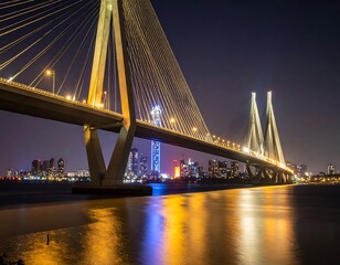 Fototapeta premium Illuminated cable-stayed bridge at night, reflecting in calm water with city skyline in background