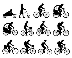 Silhouettes of people riding various types of bicycles and cycling equipment