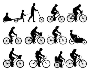 Silhouettes of people cycling and riding scooters and trailers