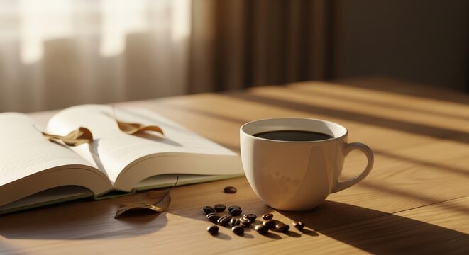 Warm Morning Light Illuminates Coffee and an Open Book on a Wooden Table