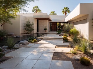 Obraz premium A large house with a white exterior and a large patio. The patio has a walkway with a stone border and a small pond. There are several potted plants and a few palm trees in the yard