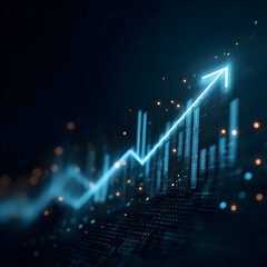 Luminous Blue Arrow Surges Upward Over a Futuristic Digital Bar Chart.