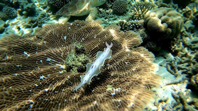 Translucent Flatworm Crawling Across Table Coral in Clear Tropical Waters with Dappled Sunlight and Colorful Aquatic