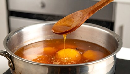 Caramel-colored liquid being poured from a wooden spoon into a pot.