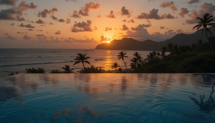 Infinity pool at sunset overlooking tropical ocean