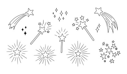 Magical stars and sparkling wand line art collection with decorative elements © Elis