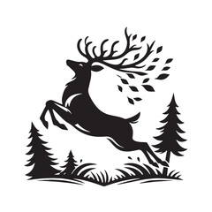 Obraz premium black Reindeer in jump pose Silhouette Vector, High Quality Illustration on White Background