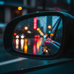 Rainy Night City Lights Reflected in Car Side Mirror