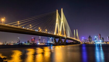Fototapeta premium Illuminated cable-stayed bridge at night