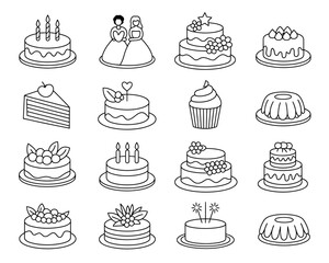 Collection of stylized cakes and desserts in a clean line art style