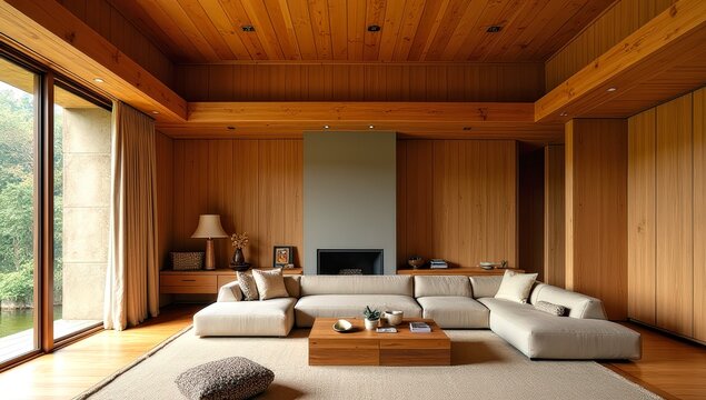 Modern Living Room with Large Couch and Window View of Nature