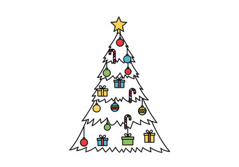 Festive Christmas tree with colorful ornaments and gifts, perfect for holiday designs